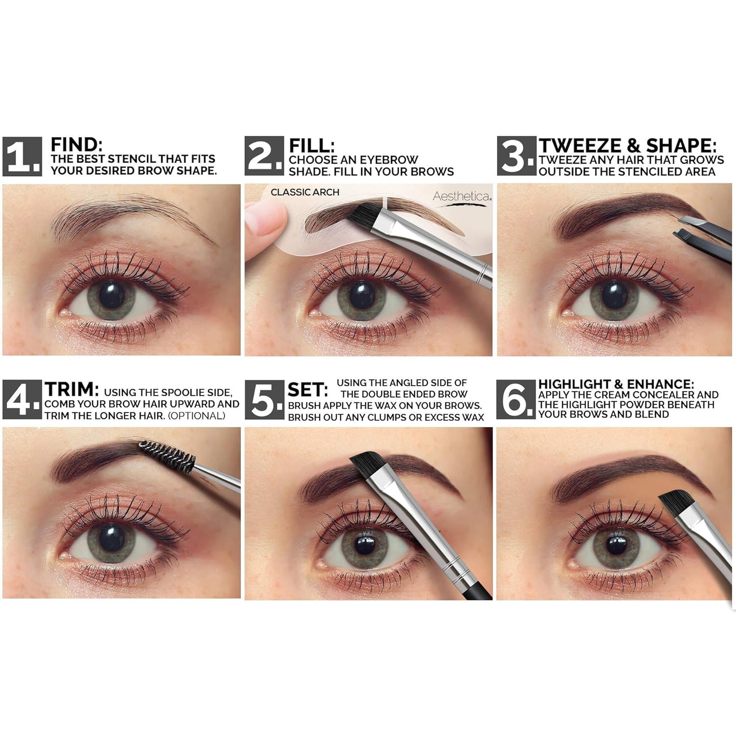 Aesthetica Brow Contour Kit 16-Piece Eyebrow Makeup Palette Set 6 Eyebrow Powders, 5 Eyebrow Stencils..