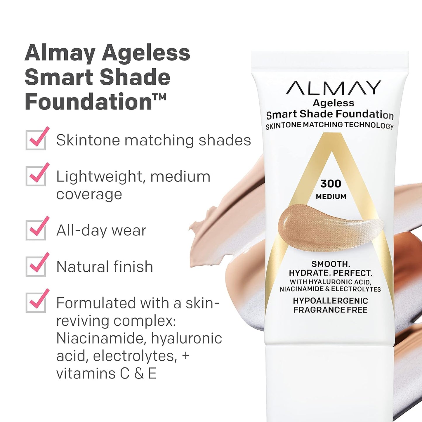Almay Anti-Aging Foundation, Smart Shade Face Makeup with Hyaluronic Acid, Niacinamide, Vitamin C & E..