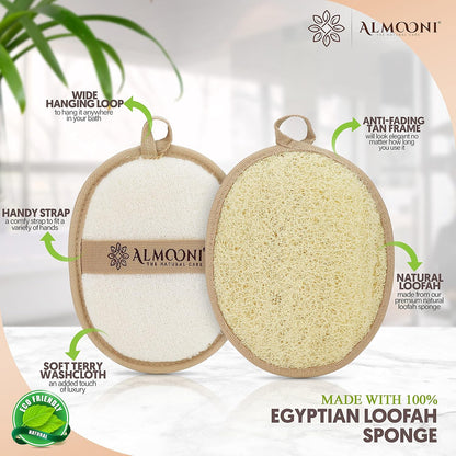 Almooni Natural Loofah Exfoliating Body Scrubber, Made with Natural Egyptian Shower Loofah Sponge..