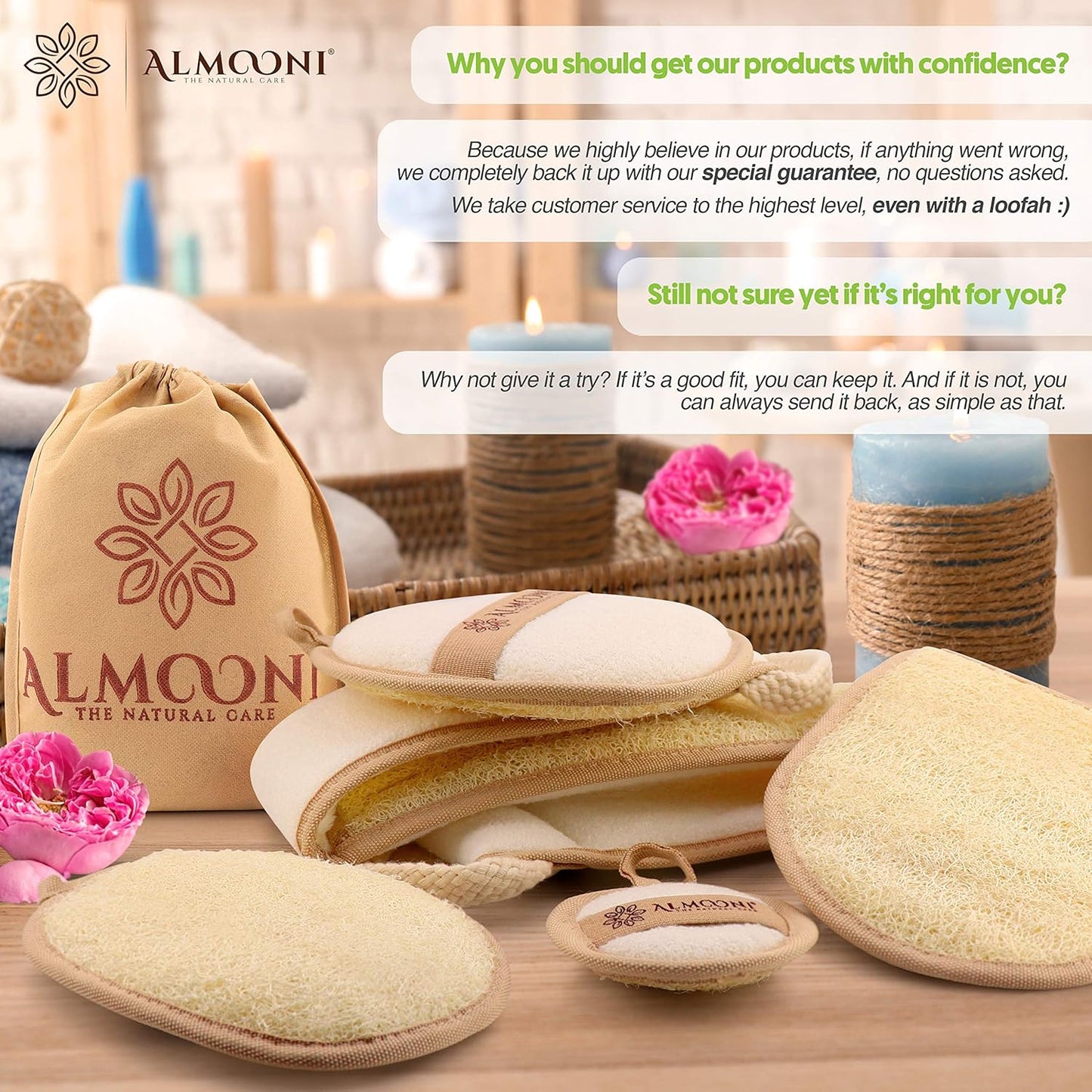 Almooni Natural Loofah Exfoliating Body Scrubber, Made with Natural Egyptian Shower Loofah Sponge..