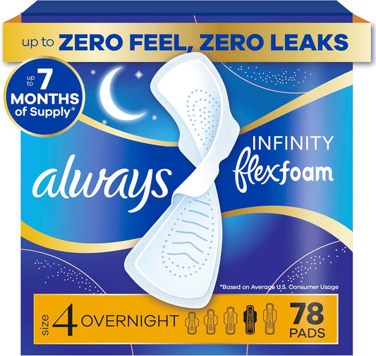 Always Infinity Feminine Pads for Women, Flexfoam Pads with Wings, Size 4, Overnight Absorbency