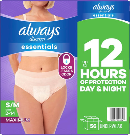 Always Discreet Essentials Adult Diapers for Women, Size S/M, 56 Count