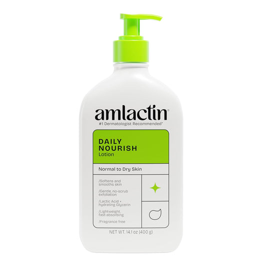 AmLactin Daily Nourish Therapeutic Body Lotion for Dry Skin - No-Scrub Exfoliator and Moisturizer 12% Lactic Acid Lotion