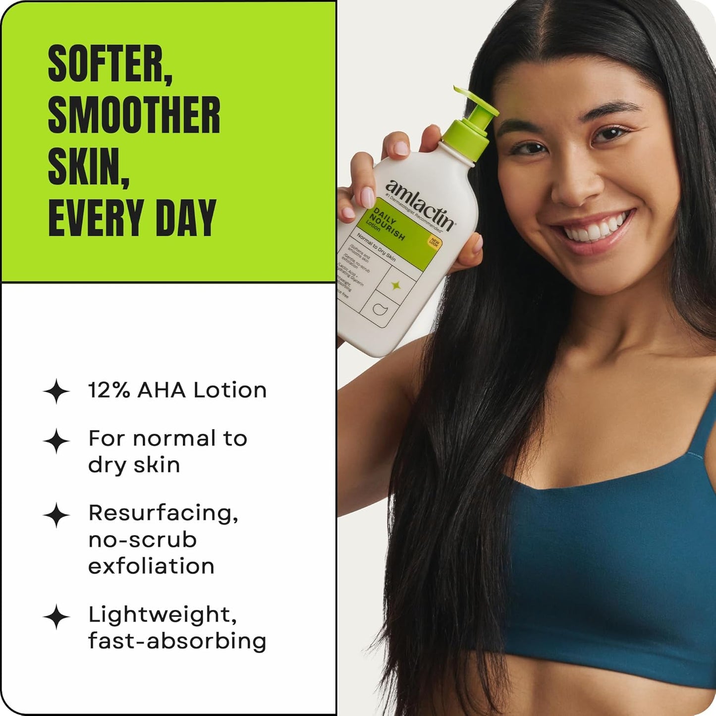 AmLactin Daily Nourish Therapeutic Body Lotion for Dry Skin - No-Scrub Exfoliator and Moisturizer 12% Lactic Acid Lotion