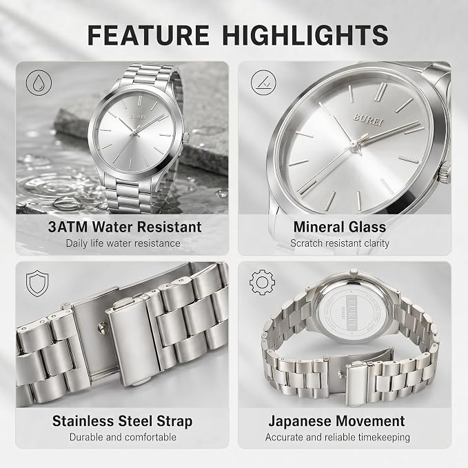 Men's Wrist Watch, Analog Stainless Steel Dress Waterproof Quartz Watch for Men
