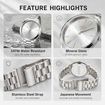 Men's Wrist Watch, Analog Stainless Steel Dress Waterproof Quartz Watch for Men