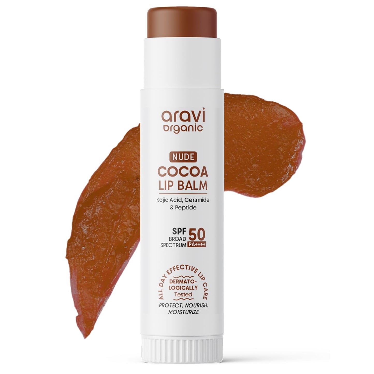 Aravi Organic Nude Cocoa Lip Balm SPF 50 | Hydrating Glossy Plumping Lip Balm | Kojic Acid, Ceramide &amp; Peptide | Moisturizing with SPF for Dry, Cracked Lips