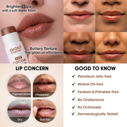 Aravi Organic Nude Cocoa Lip Balm SPF 50 | Hydrating Glossy Plumping Lip Balm | Kojic Acid, Ceramide &amp; Peptide | Moisturizing with SPF for Dry, Cracked Lips