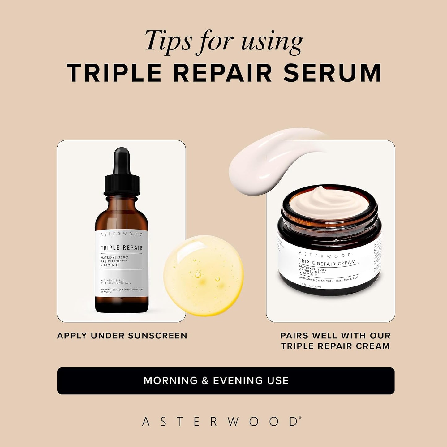Asterwood Triple Repair Peptide Serum, Matrixyl 3000, Argireline & Vit. C,  8 Fl Oz..