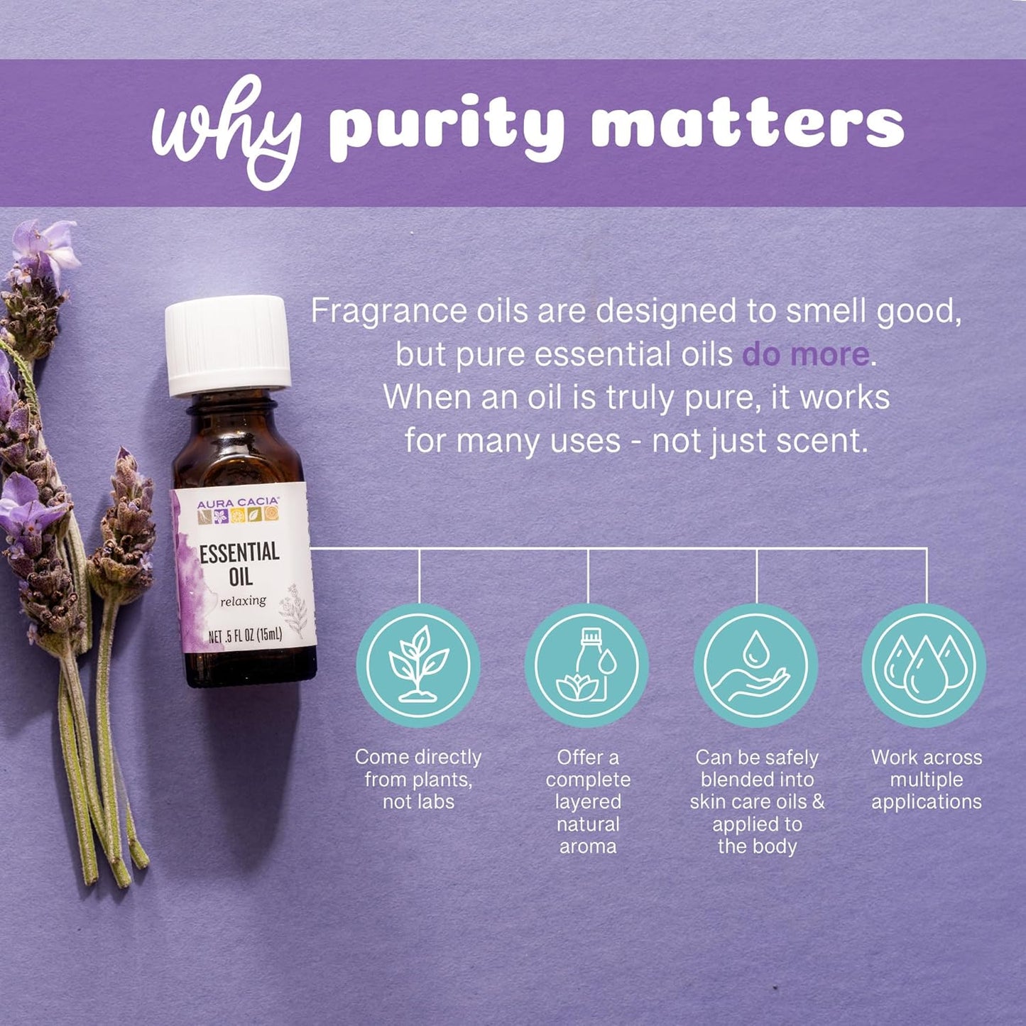 Aura Cacia 100% Pure Lavender Essential Oil, 0.5 fl. oz, Calm Relaxing Aroma, Therapeutic Grade, Ethically Sourced Lavender