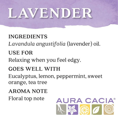 Aura Cacia 100% Pure Lavender Essential Oil, 0.5 fl. oz, Calm Relaxing Aroma, Therapeutic Grade, Ethically Sourced Lavender