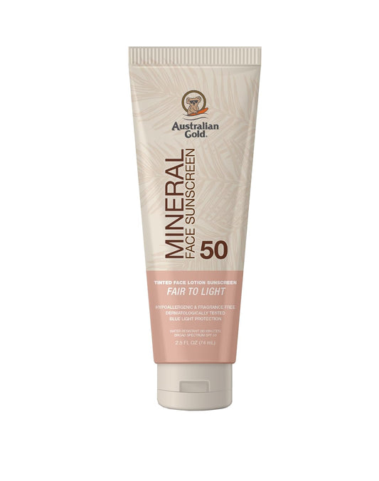 Australian Gold SPF 50 Tinted Mineral Face Sunscreen, Fair to Light, 2.5 fl oz, Broad Spectrum..