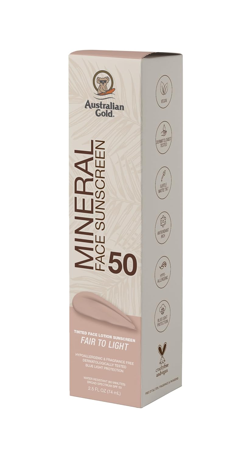 Australian Gold SPF 50 Tinted Mineral Face Sunscreen, Fair to Light, 2.5 fl oz, Broad Spectrum..