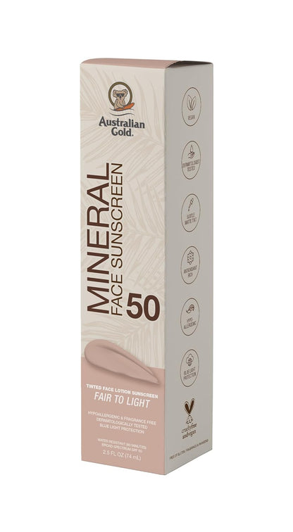 Australian Gold SPF 50 Tinted Mineral Face Sunscreen, Fair to Light, 2.5 fl oz, Broad Spectrum..