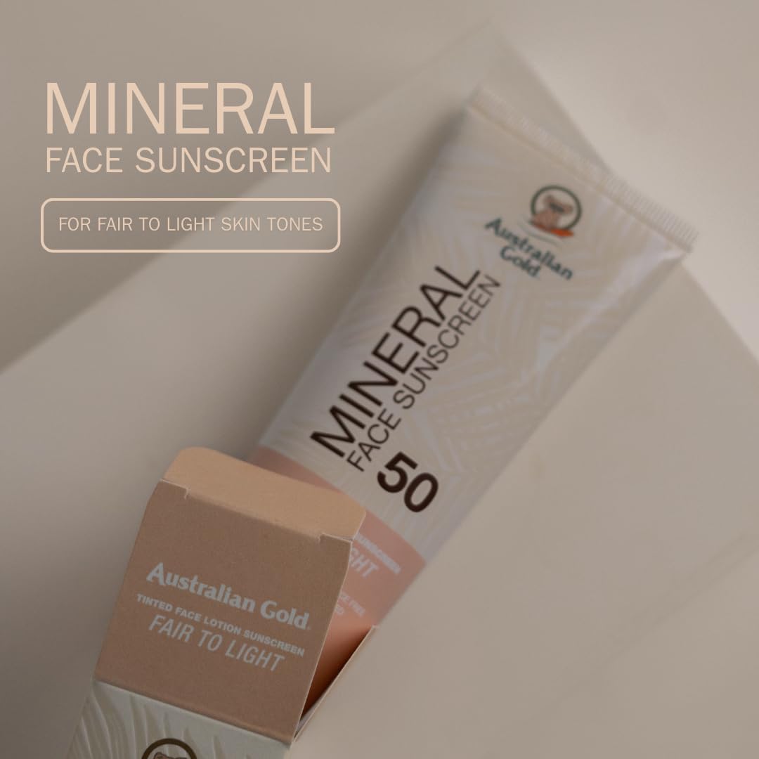 Australian Gold SPF 50 Tinted Mineral Face Sunscreen, Fair to Light, 2.5 fl oz, Broad Spectrum..