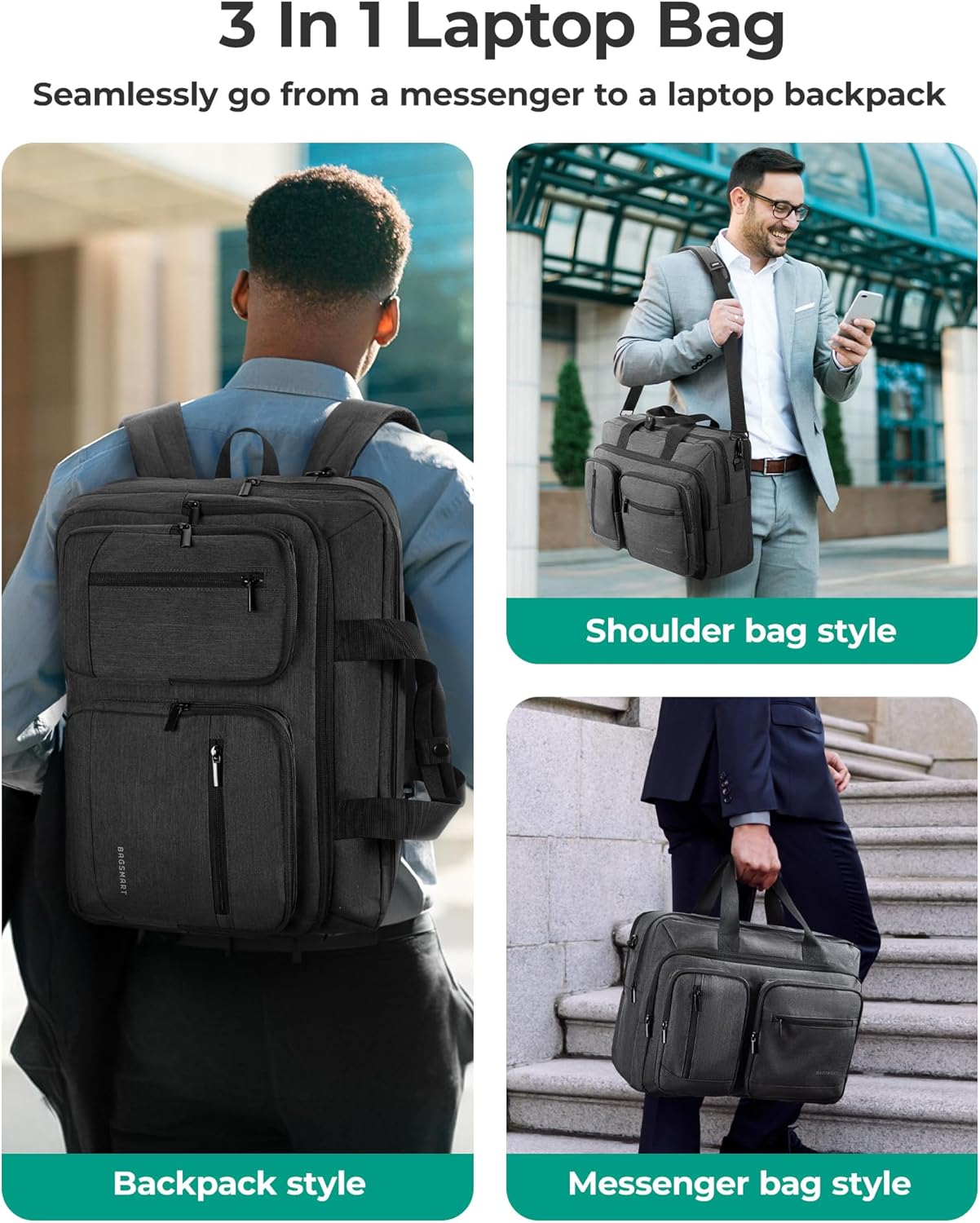 BAGSMART 3 In 1 Laptop Bag for Men, Computer Briefcase 17.3 Inch Laptop Water