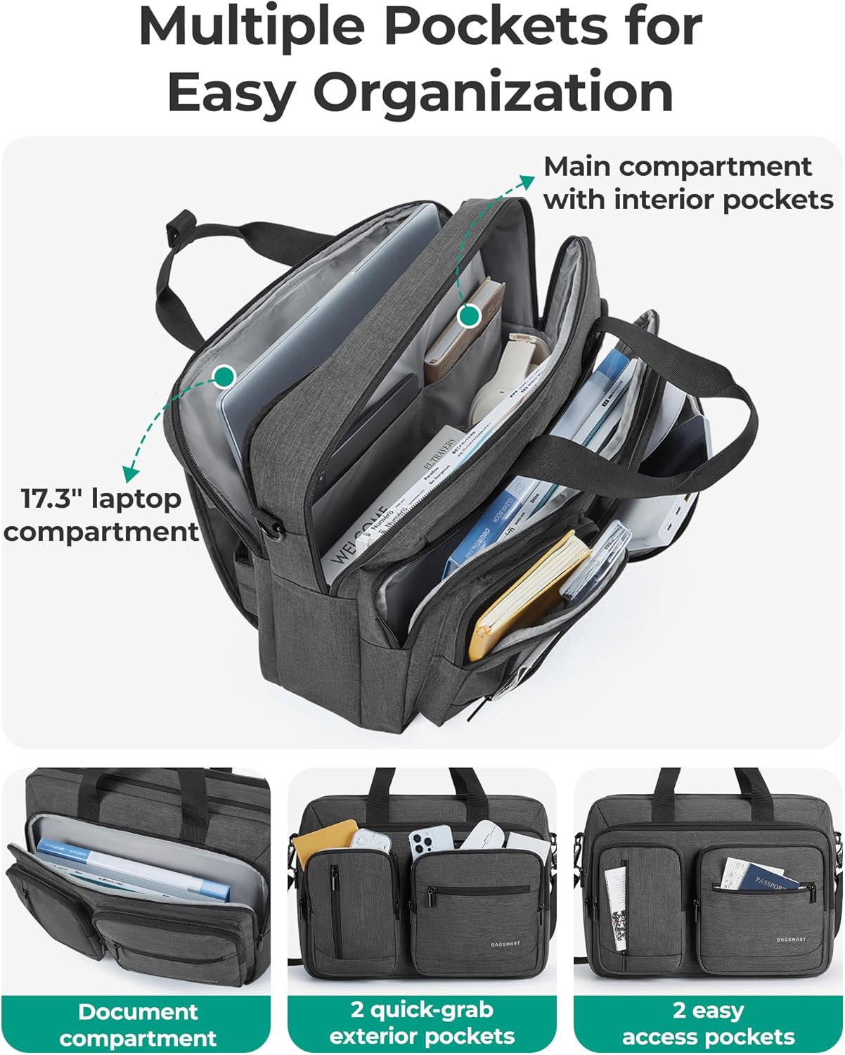 BAGSMART 3 In 1 Laptop Bag for Men, Computer Briefcase 17.3 Inch Laptop Water