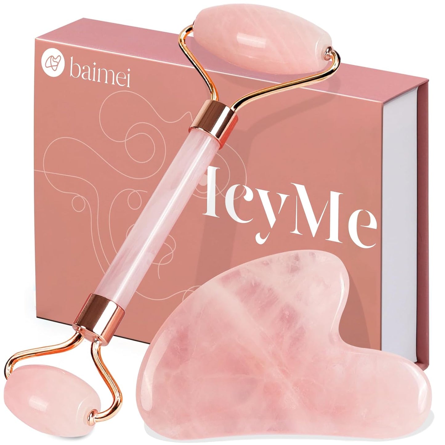 BAIMEI IcyMe Rose Quartz Roller & Gua Sha Set, Cooling Face Roller for Depuffing & Lymphatic Massage..