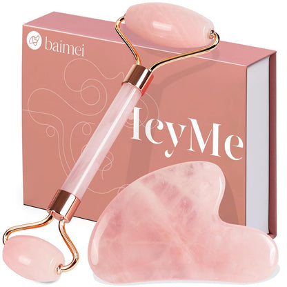 BAIMEI IcyMe Rose Quartz Roller & Gua Sha Set, Cooling Face Roller for Depuffing & Lymphatic Massage..