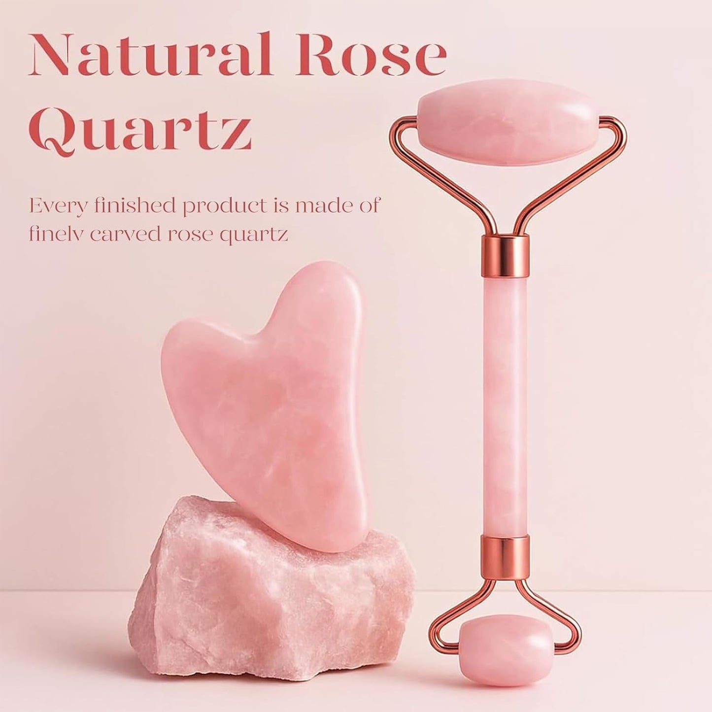 BAIMEI IcyMe Rose Quartz Roller & Gua Sha Set, Cooling Face Roller for Depuffing & Lymphatic Massage..