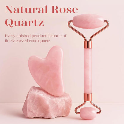 BAIMEI IcyMe Rose Quartz Roller & Gua Sha Set, Cooling Face Roller for Depuffing & Lymphatic Massage..