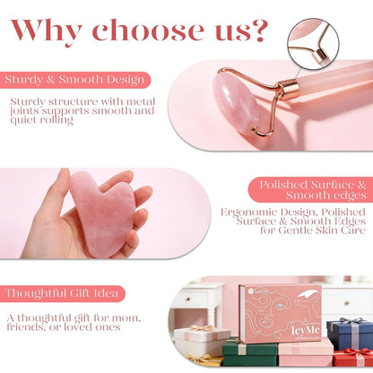 BAIMEI IcyMe Rose Quartz Roller & Gua Sha Set, Cooling Face Roller for Depuffing & Lymphatic Massage..