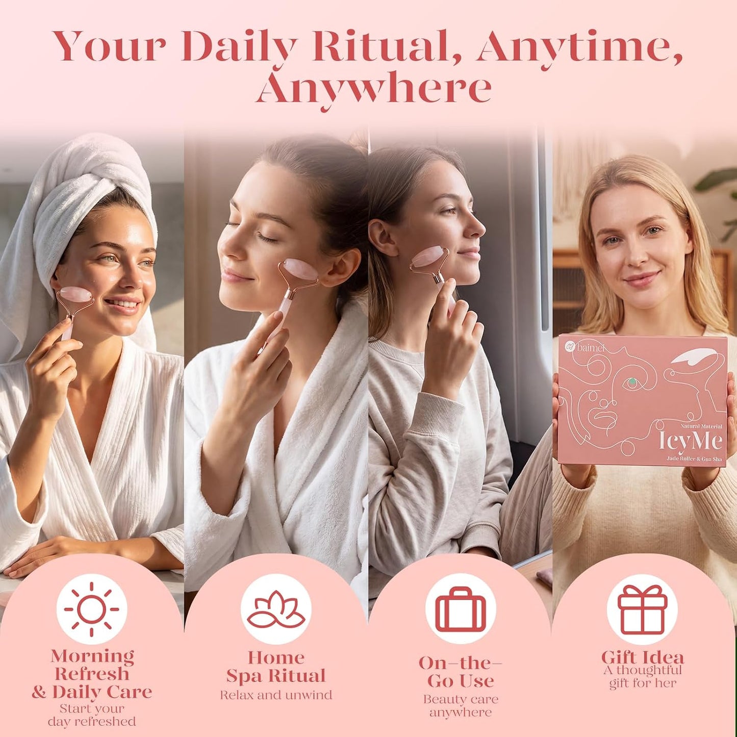 BAIMEI IcyMe Rose Quartz Roller & Gua Sha Set, Cooling Face Roller for Depuffing & Lymphatic Massage..