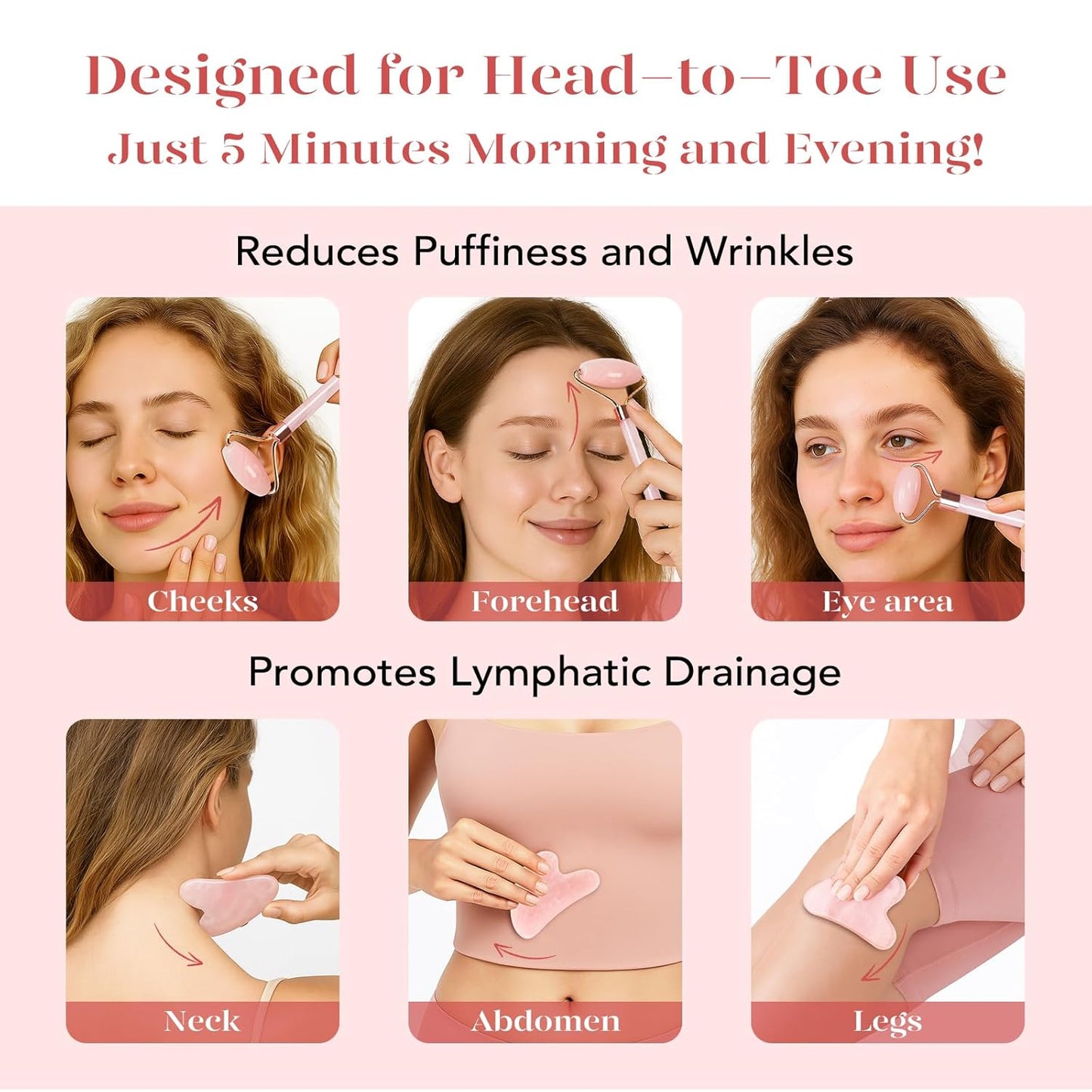BAIMEI IcyMe Rose Quartz Roller & Gua Sha Set, Cooling Face Roller for Depuffing & Lymphatic Massage..
