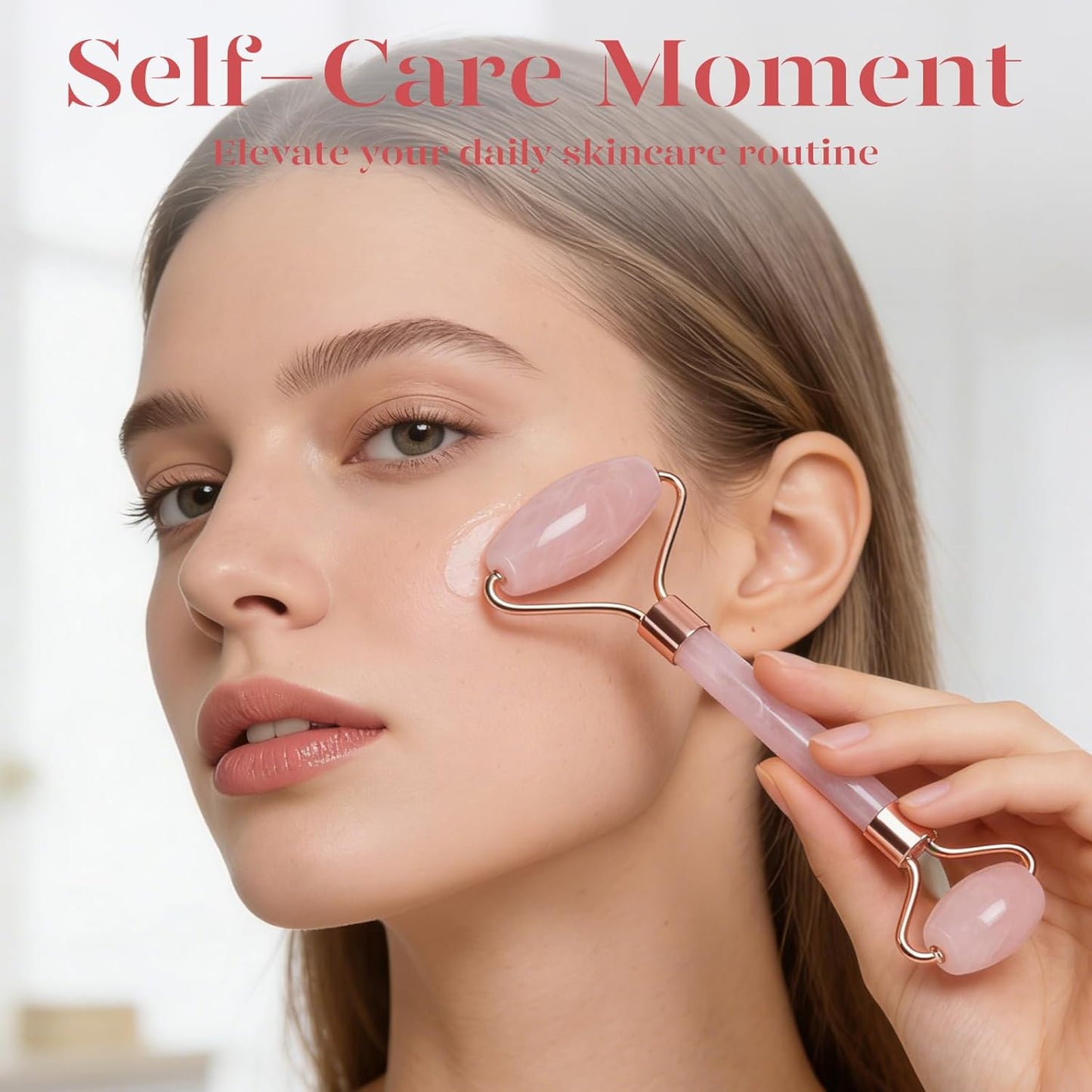 BAIMEI IcyMe Rose Quartz Roller & Gua Sha Set, Cooling Face Roller for Depuffing & Lymphatic Massage..