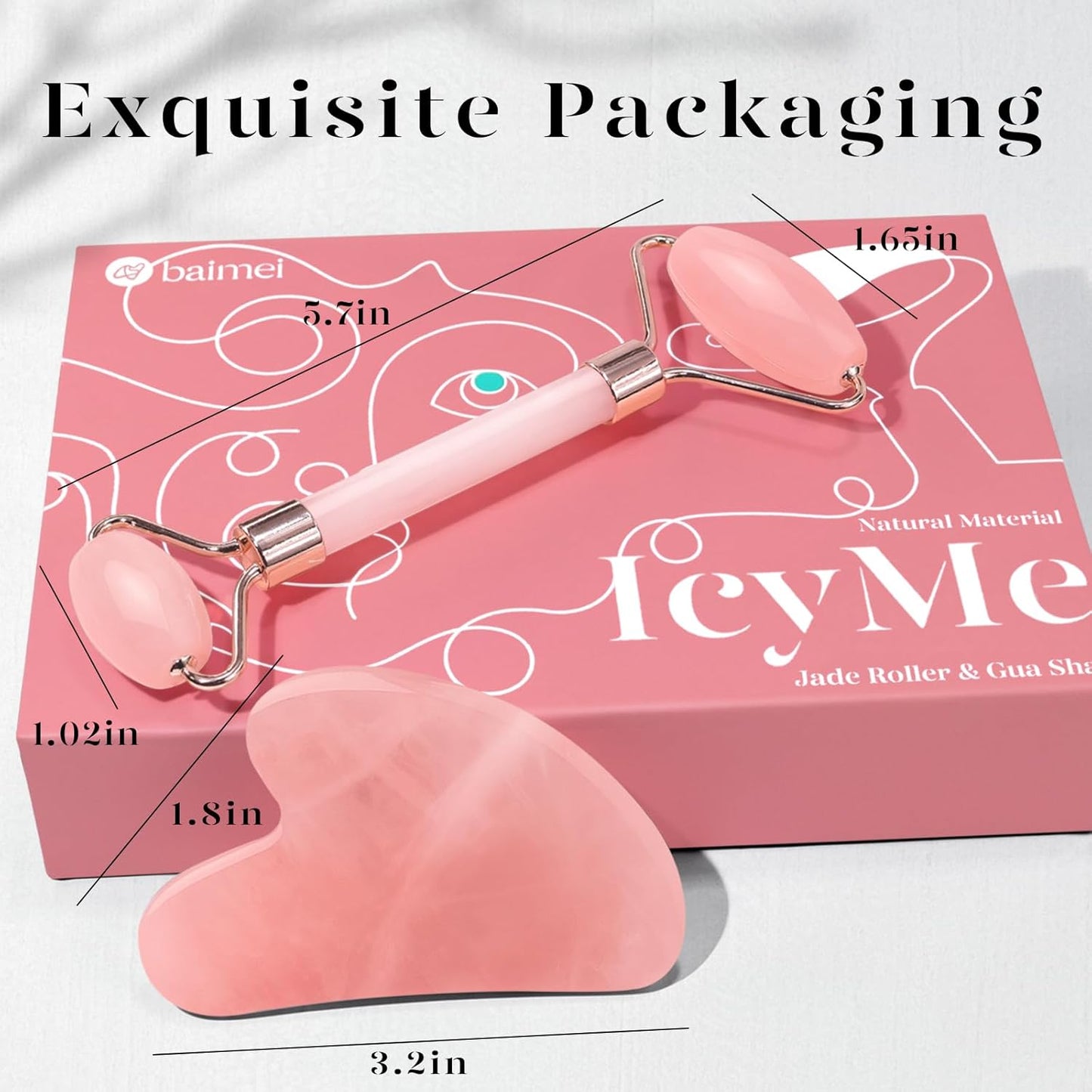 BAIMEI IcyMe Rose Quartz Roller & Gua Sha Set, Cooling Face Roller for Depuffing & Lymphatic Massage..