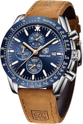 BENYAR Classic Fashion Quartz Chronograph Watch Casual Sport 30M Waterproof Leather Band Mens Watches