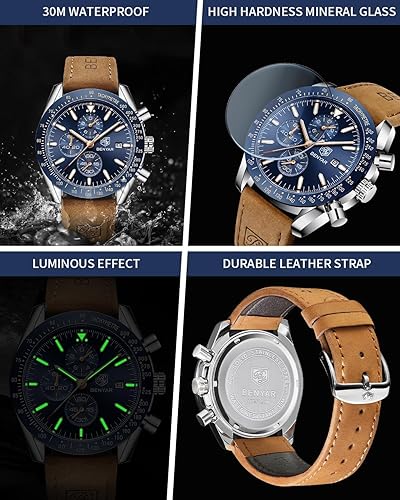 BENYAR Classic Fashion Quartz Chronograph Watch Casual Sport 30M Waterproof Leather Band Mens Watches