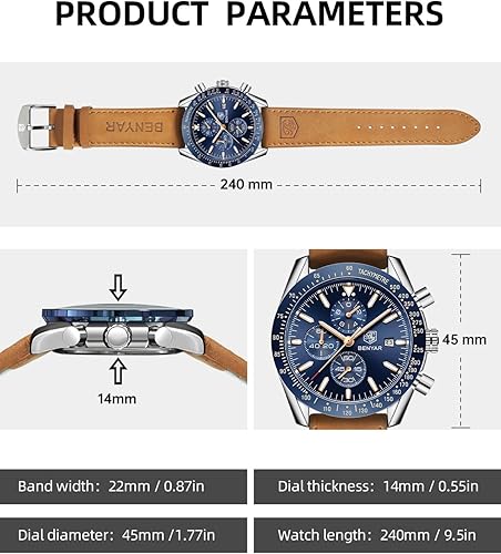 BENYAR Classic Fashion Quartz Chronograph Watch Casual Sport 30M Waterproof Leather Band Mens Watches