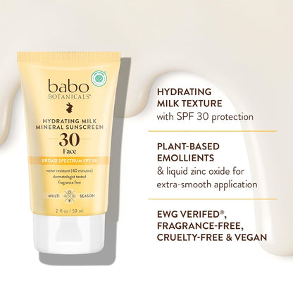 Babo Botanicals Hydrating Milk Mineral Sunscreen SPF 30 with Dewy Finish – Lightweight Zinc Oxide Daily Face Sunscreen for Sensitive Skin ..