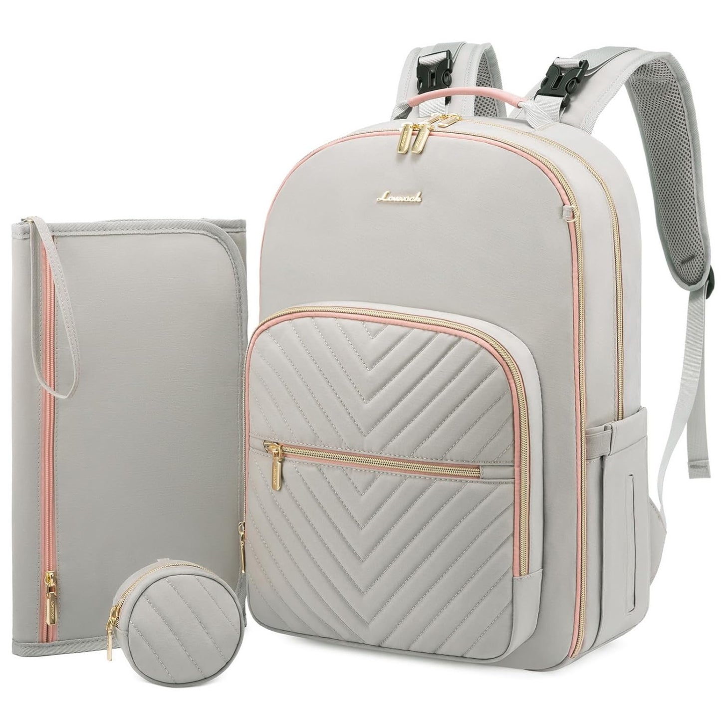 LOVEVOOK Diaper Bag Backpack, Quilted Baby Bag with Changing Pad & Pacifier Holder, Light Grey
