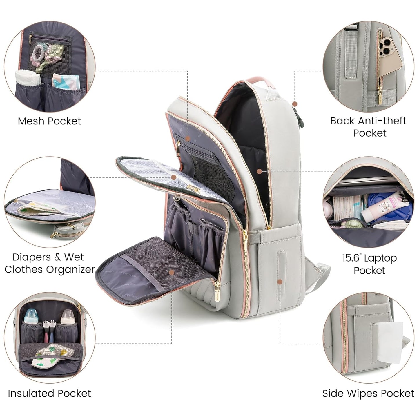 LOVEVOOK Diaper Bag Backpack, Quilted Baby Bag with Changing Pad & Pacifier Holder, Light Grey