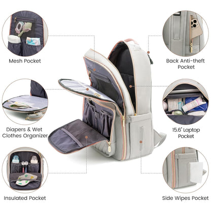 LOVEVOOK Diaper Bag Backpack, Quilted Baby Bag with Changing Pad & Pacifier Holder, Light Grey