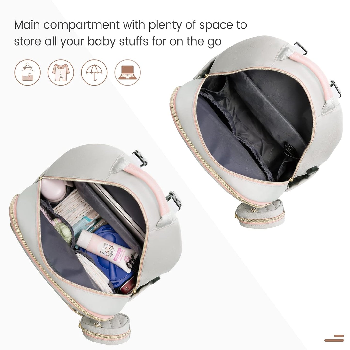 LOVEVOOK Diaper Bag Backpack, Quilted Baby Bag with Changing Pad & Pacifier Holder, Light Grey