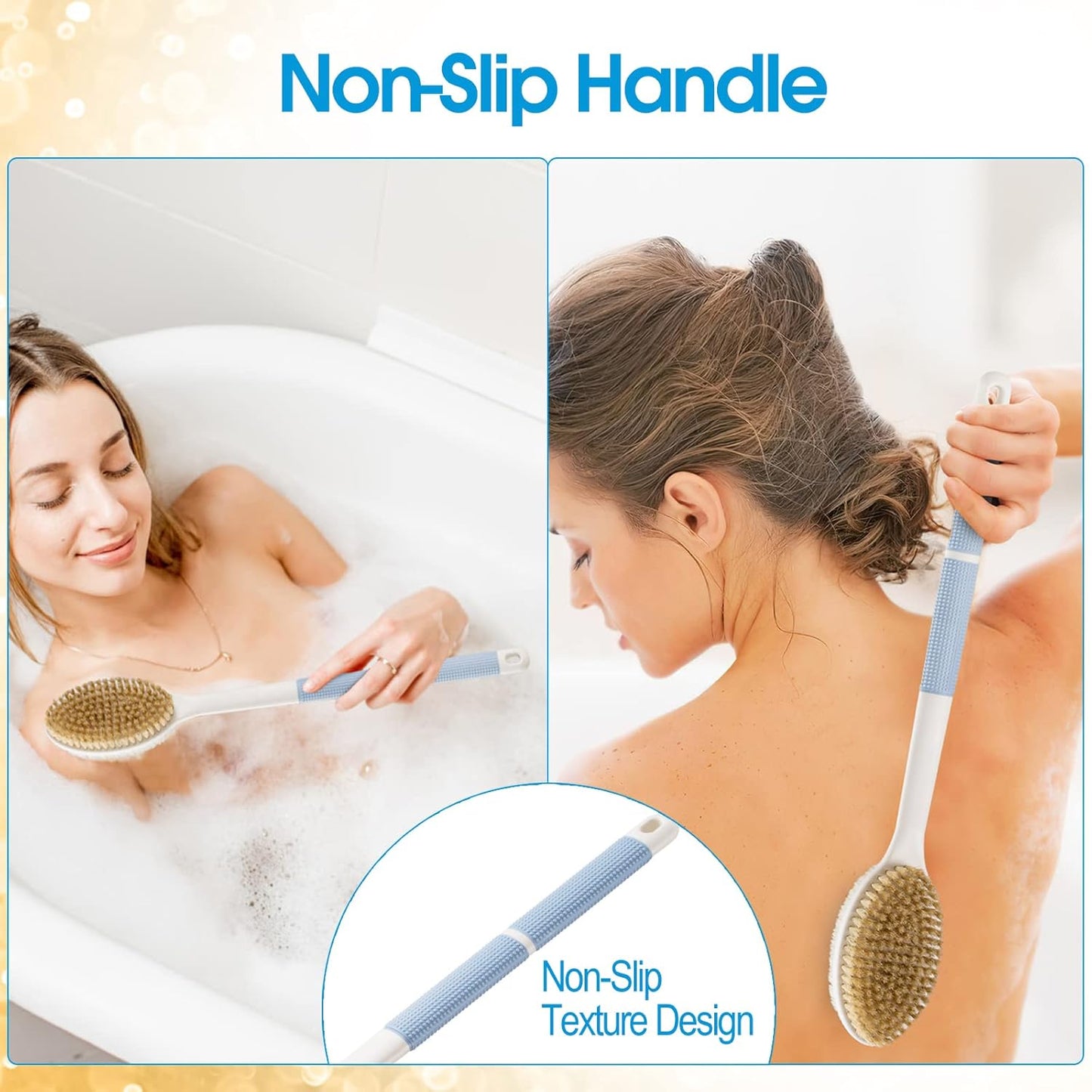Back Scrubber Anti Slip for Shower, Shower Brush Long Handle with Stiff and Soft Bristles, Body Exfoliator for Bath or Dry Brush