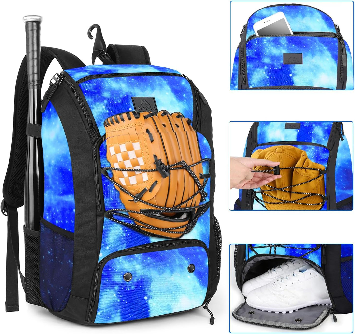 MATEIN Baseball Backpack, Softball Bat Bag with Shoes Compartment for Youth(Galaxy Blue)