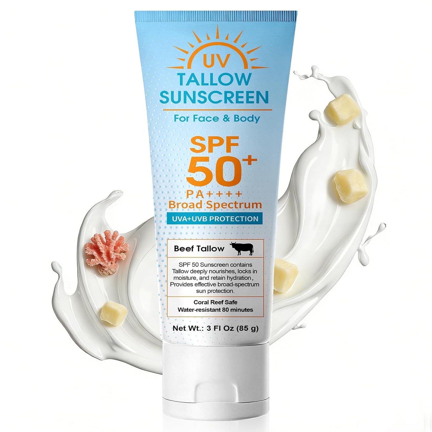 Beef Tallow Sunscreen SPF 50: Mineral Non-Nano Zinc Oxide Sunblock, Non-Greasy &amp; Instant Protection for Face..