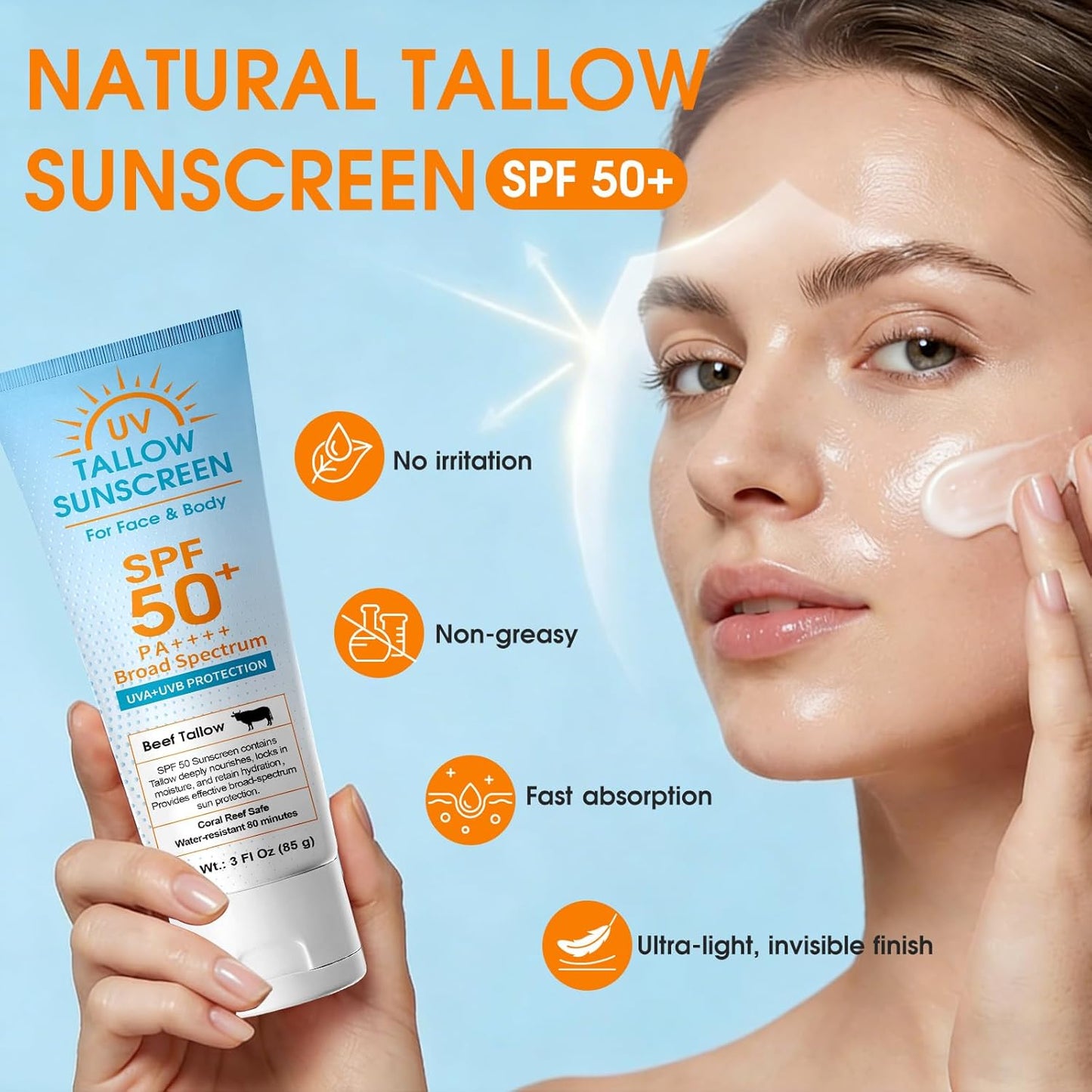 Beef Tallow Sunscreen SPF 50: Mineral Non-Nano Zinc Oxide Sunblock, Non-Greasy &amp; Instant Protection for Face..
