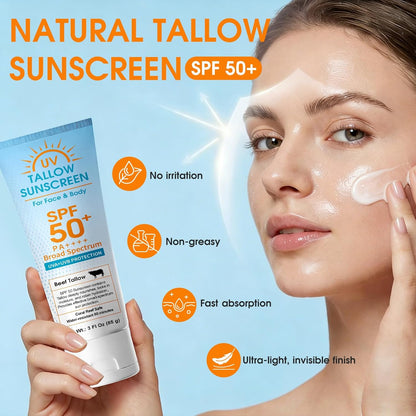 Beef Tallow Sunscreen SPF 50: Mineral Non-Nano Zinc Oxide Sunblock, Non-Greasy &amp; Instant Protection for Face..