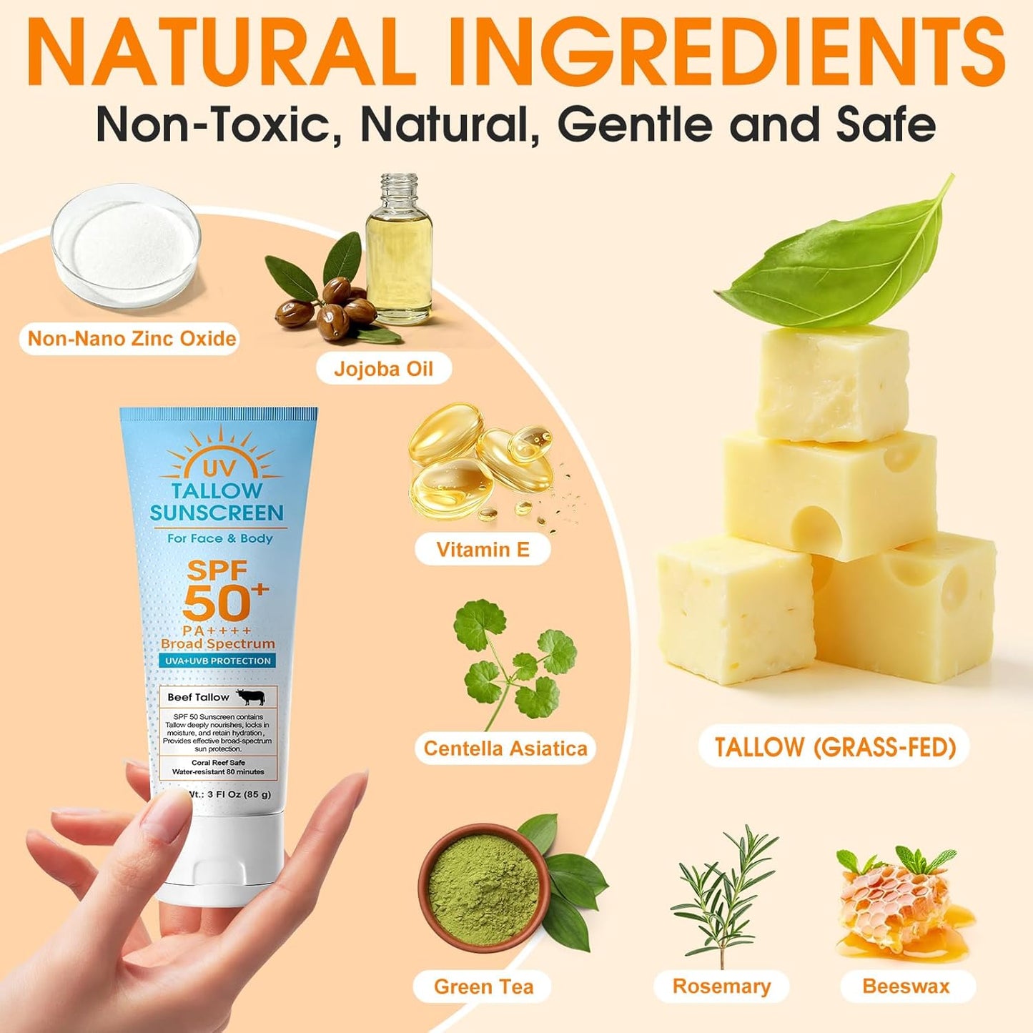 Beef Tallow Sunscreen SPF 50: Mineral Non-Nano Zinc Oxide Sunblock, Non-Greasy &amp; Instant Protection for Face..