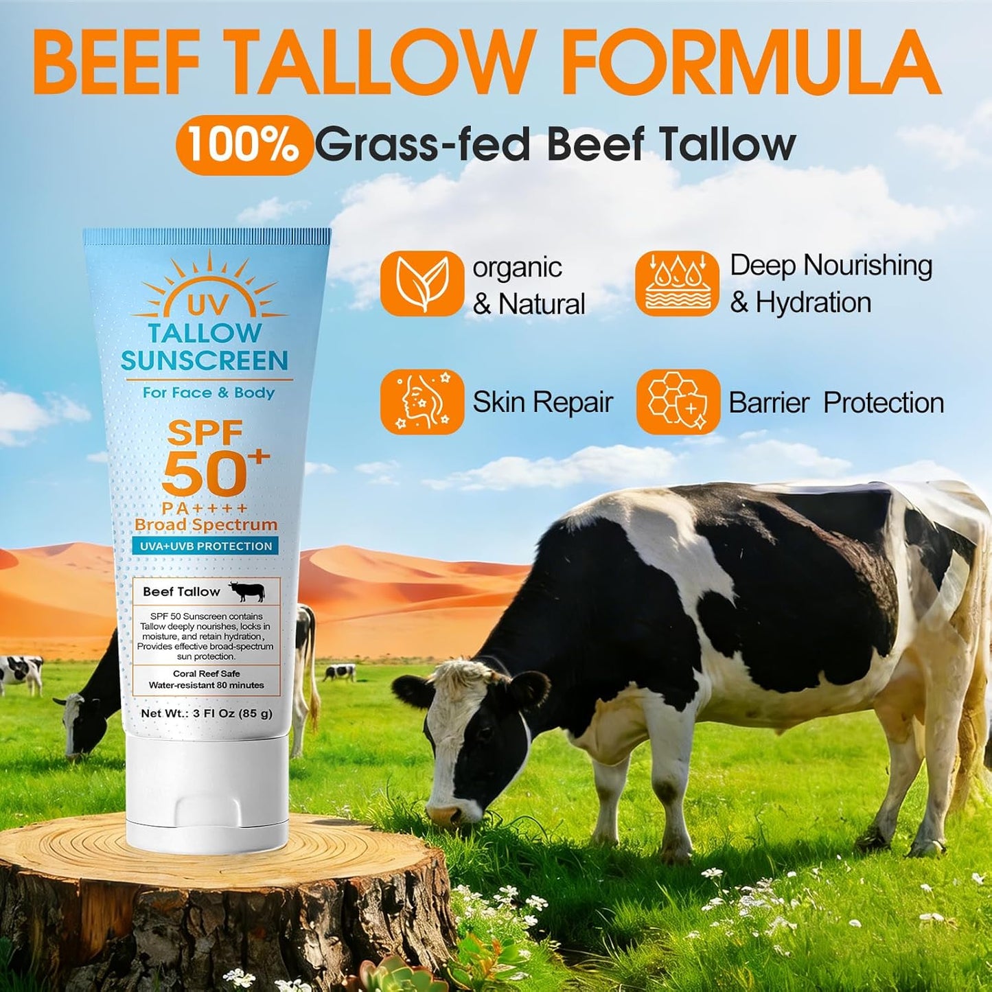 Beef Tallow Sunscreen SPF 50: Mineral Non-Nano Zinc Oxide Sunblock, Non-Greasy &amp; Instant Protection for Face..