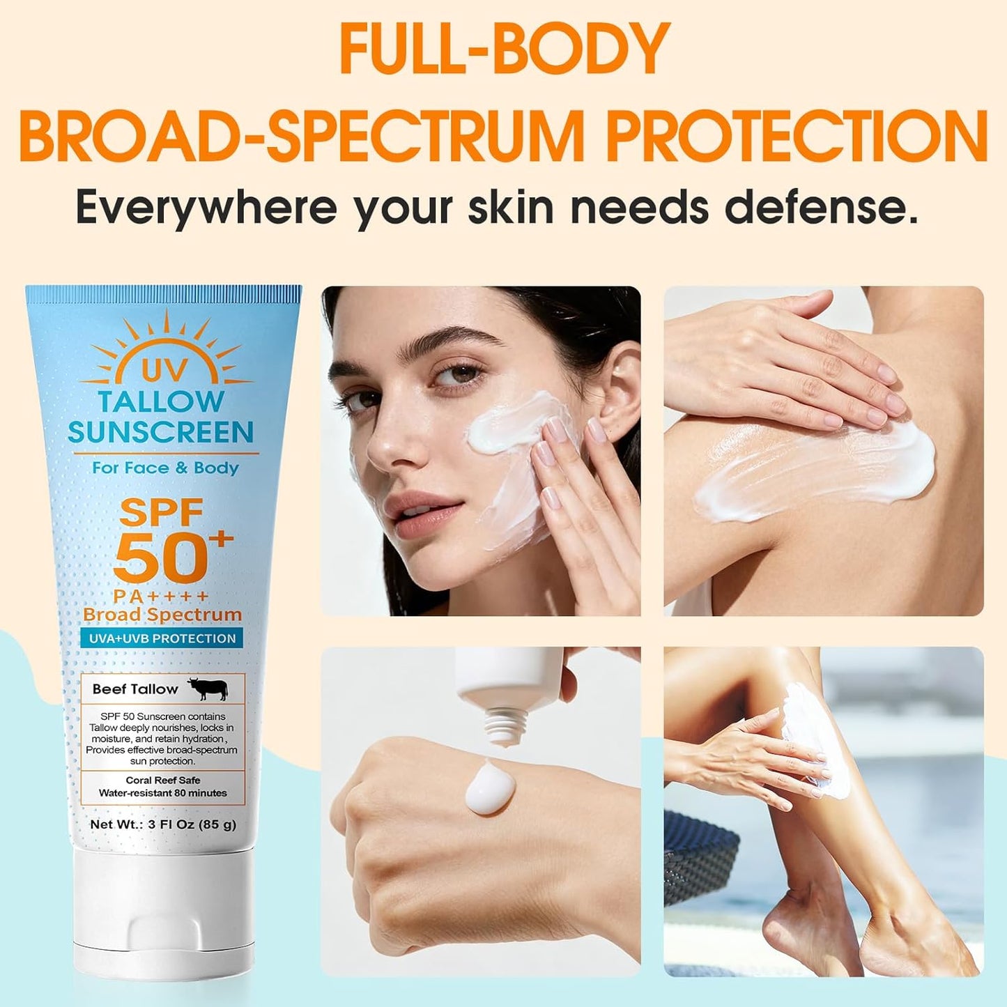 Beef Tallow Sunscreen SPF 50: Mineral Non-Nano Zinc Oxide Sunblock, Non-Greasy &amp; Instant Protection for Face..