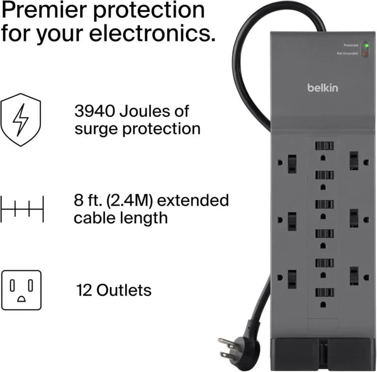 Belkin 12-Outlet Surge Protector Power Strip w/ 12 AC Outlets &amp; 8ft Flat Plug