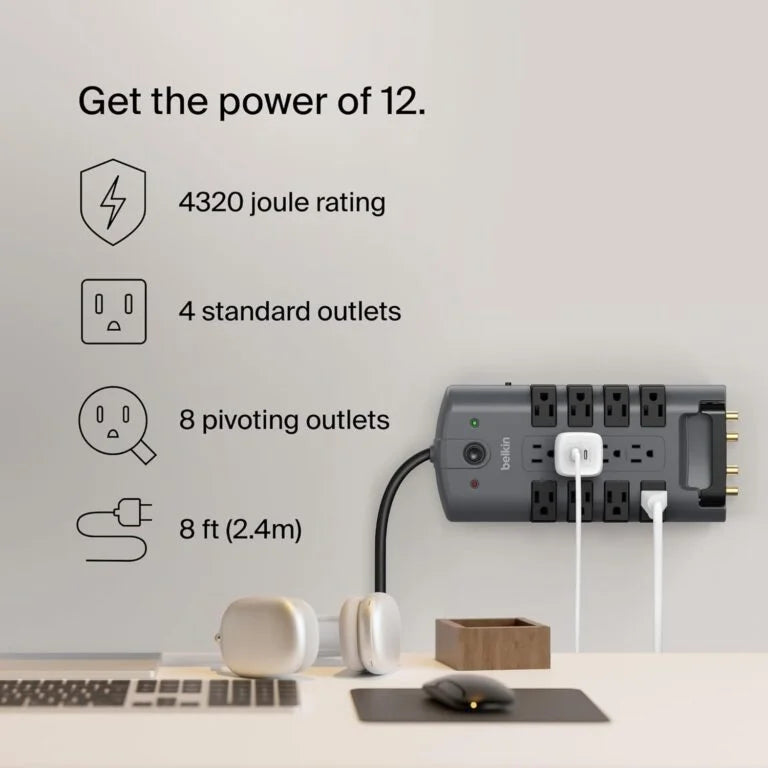 Belkin Surge Protector Power Strip w/ 8 Rotating &amp; 4 Standard Outlets