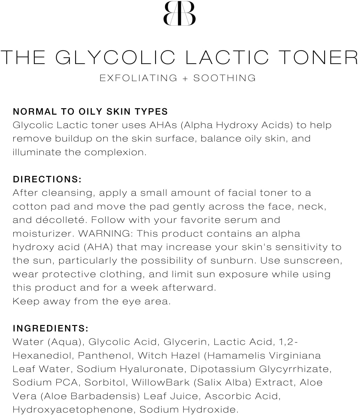 Biba De Sousa The Glycolic Lactic Toner - Exfoliating Toner with AHA, Hyaluronic Acid, and Aloe Vera