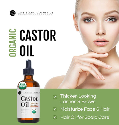 Kate Blanc Cosmetics Castor Oil Organic (4oz), 100% Pure, Cold Pressed, Hexane Free. Natural Oil for Hair..